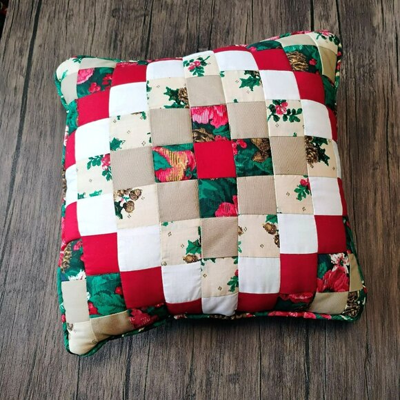 Hand Crafted Other - Holiday Patchwork Throw Pillow, Vintage Handmade Quilted Red Green Floral 14"
